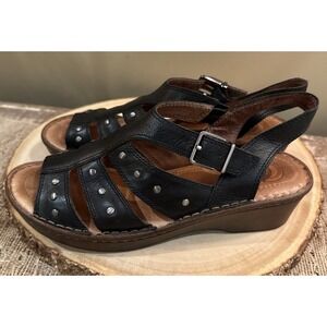 Nurture Black Leather Buckle Strappy Wedge Sandals with Silver Studs Sz. 8.5